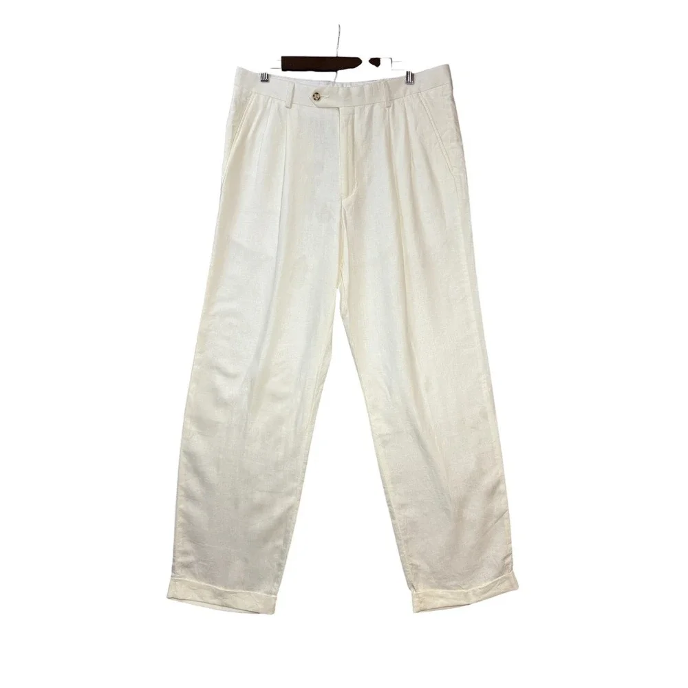Paul Fredrick Mens Linen Dress Pants 36 x 32 Ivory Pleated Cuffed Hem Preppy